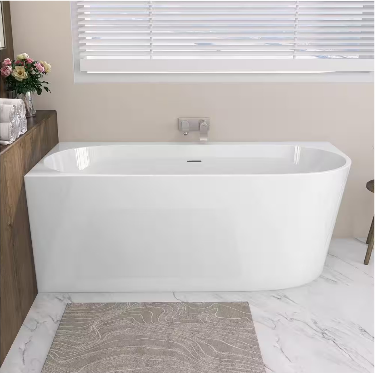 59 in. x 29.53 in. Acrylic Soaking Bathtub with Center Chrome Drain & Overflow Left Corner Flat Bottom Bathtub in White